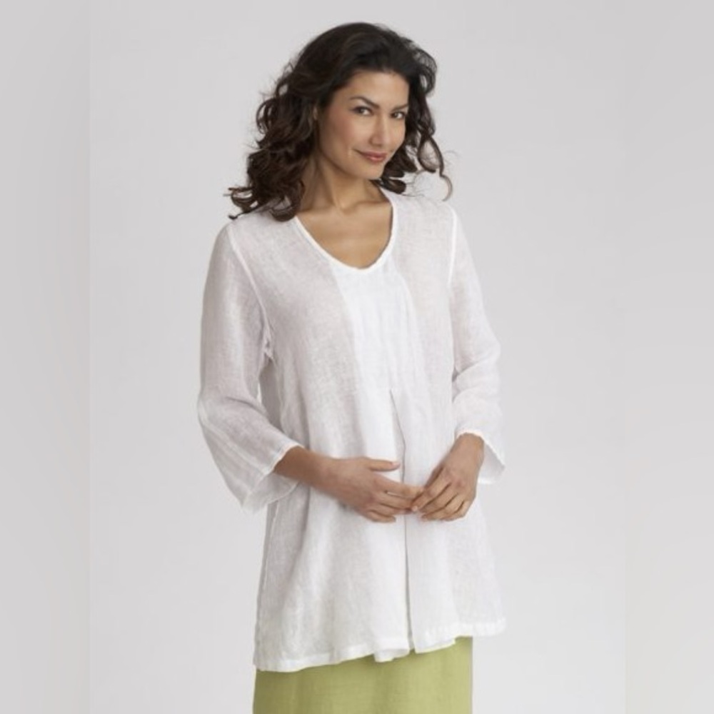FLAX‎ 100% Linen 3/4 Sleeve Tunic Shirt Classic White Summer Top Size Small